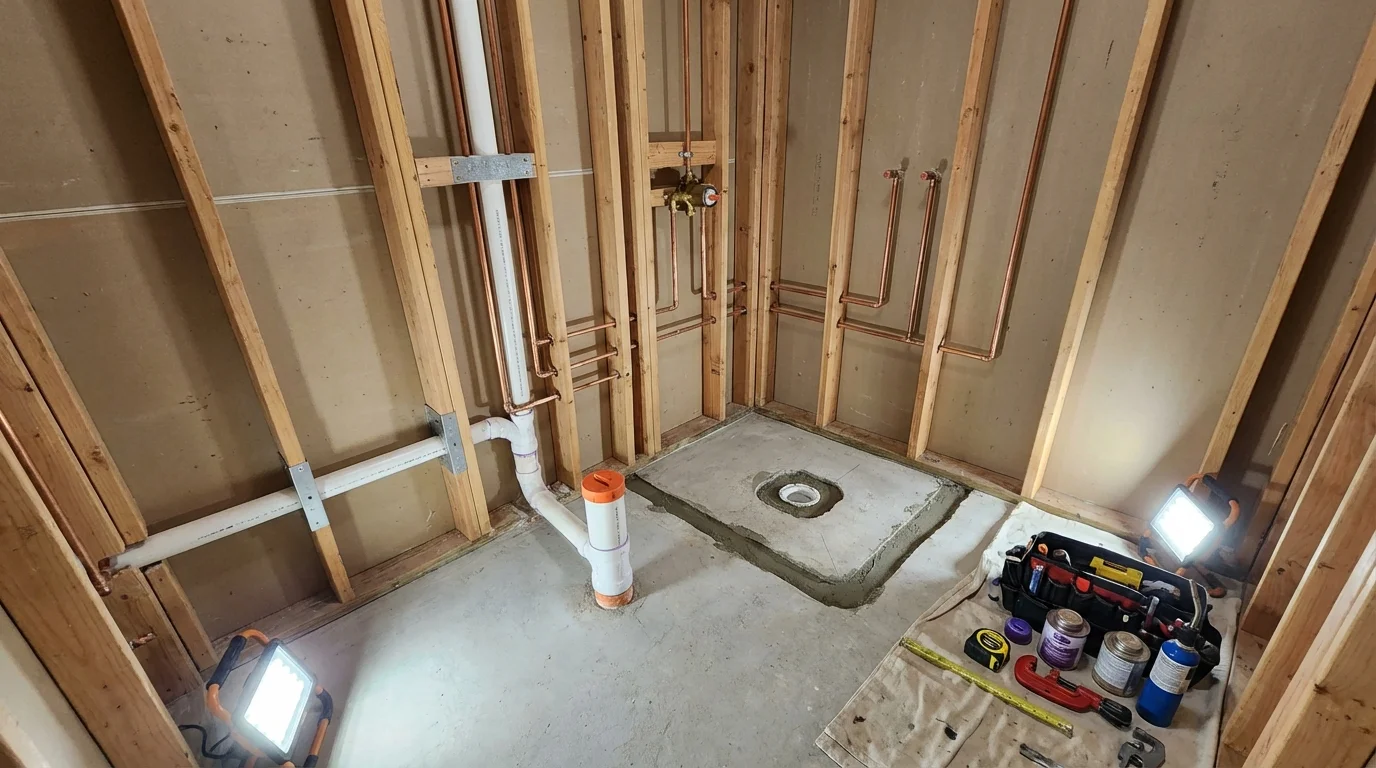 Bathroom rough-in plumbing during remodel by Johns Plumbing LLC in Walford