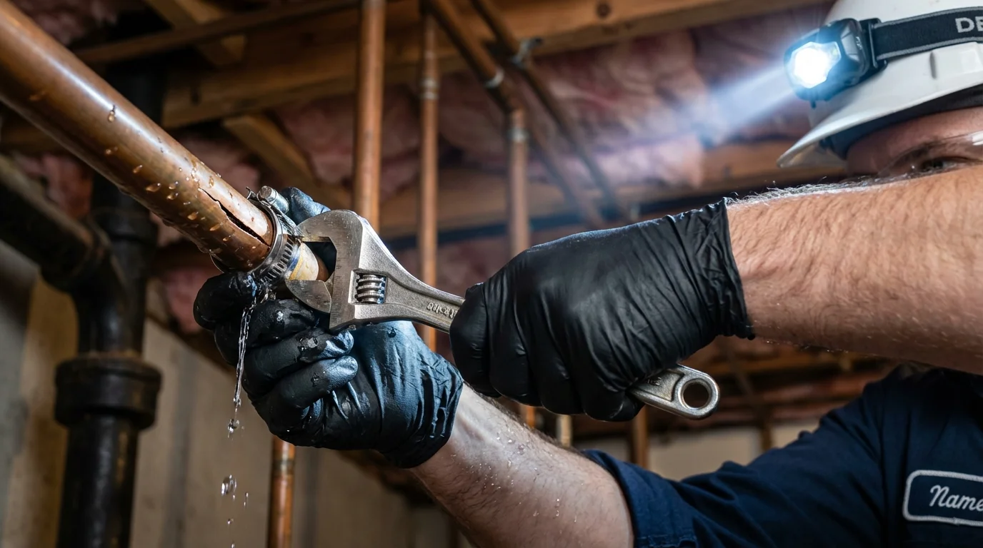 Emergency pipe clamp repair being performed by a Johns Plumbing LLC plumber in Walford