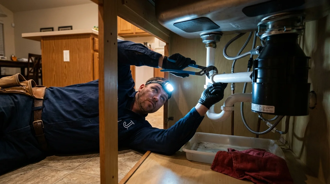 P-trap and supply line connections under a kitchen sink showing a common leak point in Walford, IA